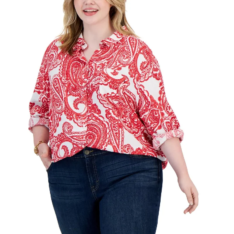 Tommy Hilfiger Womens Plus Button down Cuff Sleeves Blouse Embroidered Cotton Blouse