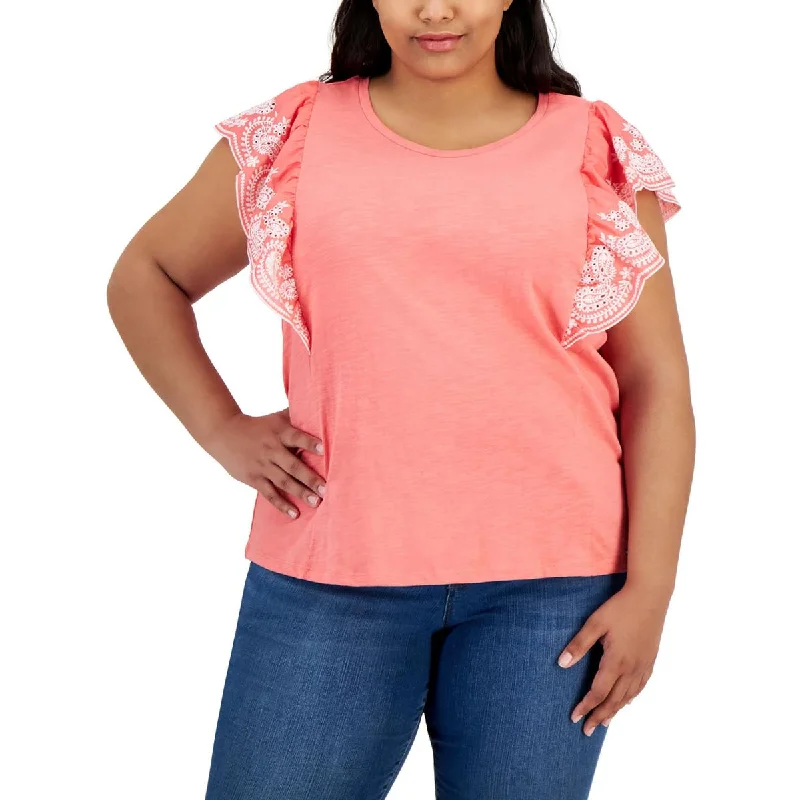 Tommy Hilfiger Womens Plus Embroidered Flutter Sleeves Blouse Semi-Sheer Blouse