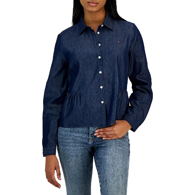 Tommy Jeans Womens Peplum Chambray Blouse Modern Oversized Blouse