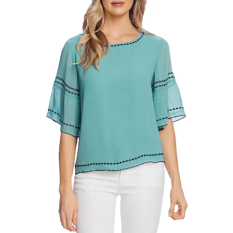 Vince Camuto Womens Chiffon Embroidered Blouse Satin Long Blouse
