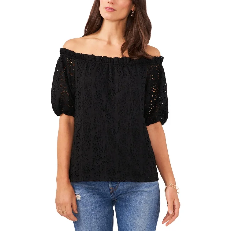 Vince Camuto Womens Eyelet Off The Shoulder Blouse Frilled Cuff Blouse