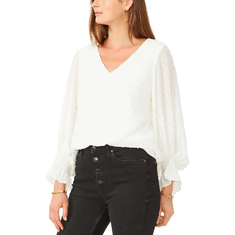 Vince Camuto Womens Plus    Clip Dot V Neck Blouse Puff Sleeve Blouse