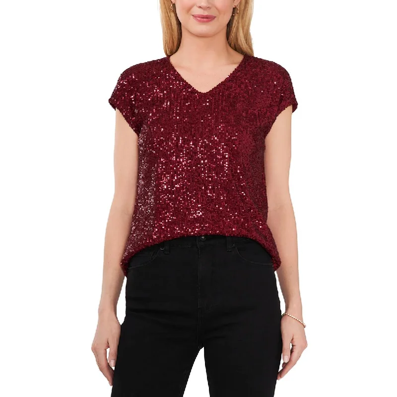 Vince Camuto Womens Sequined Cap Sleeve Blouse Lightweight Linen Blouse