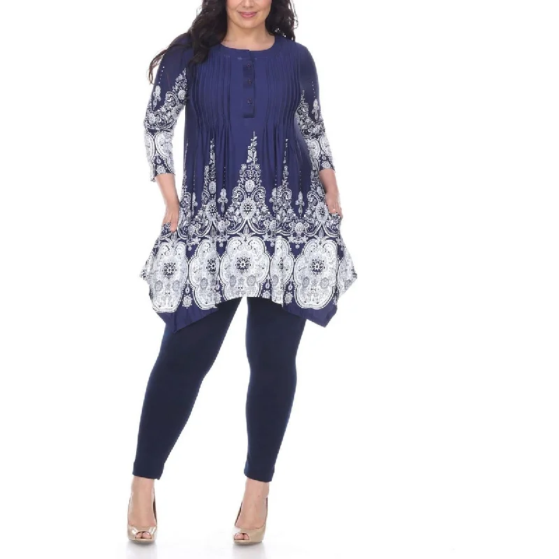 White Mark Womens Plus Printed Pin Tuck Blouse Sheer Sleeve Blouse