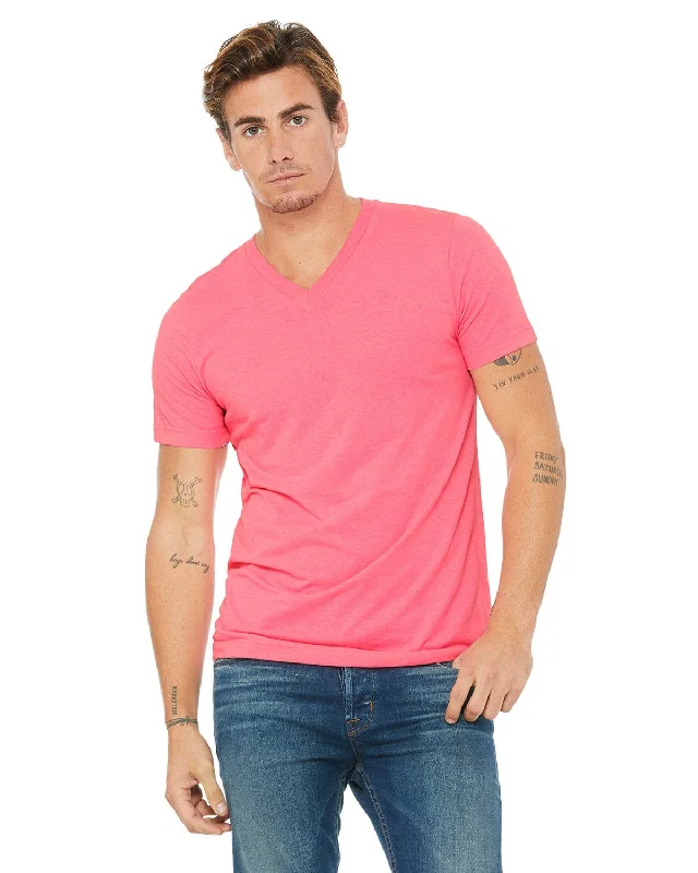 Bella+Canvas Unisex V-Neck T-Shirt | Neon Pink Welt Pockets Slit Pockets