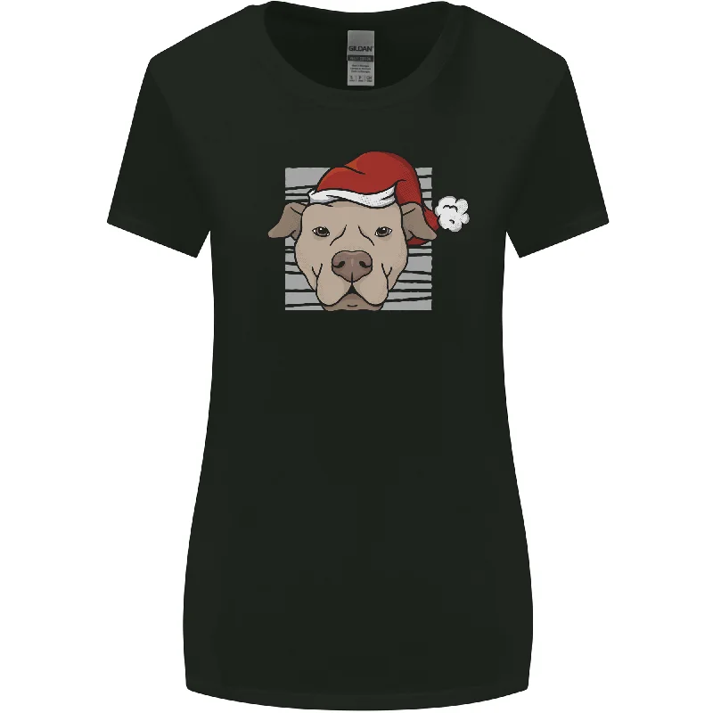 Christmas Pitbull Dog Wearing Xmas Hat Womens Wider Cut T-Shirt Thin T-Shirt Open Front Quick Dry