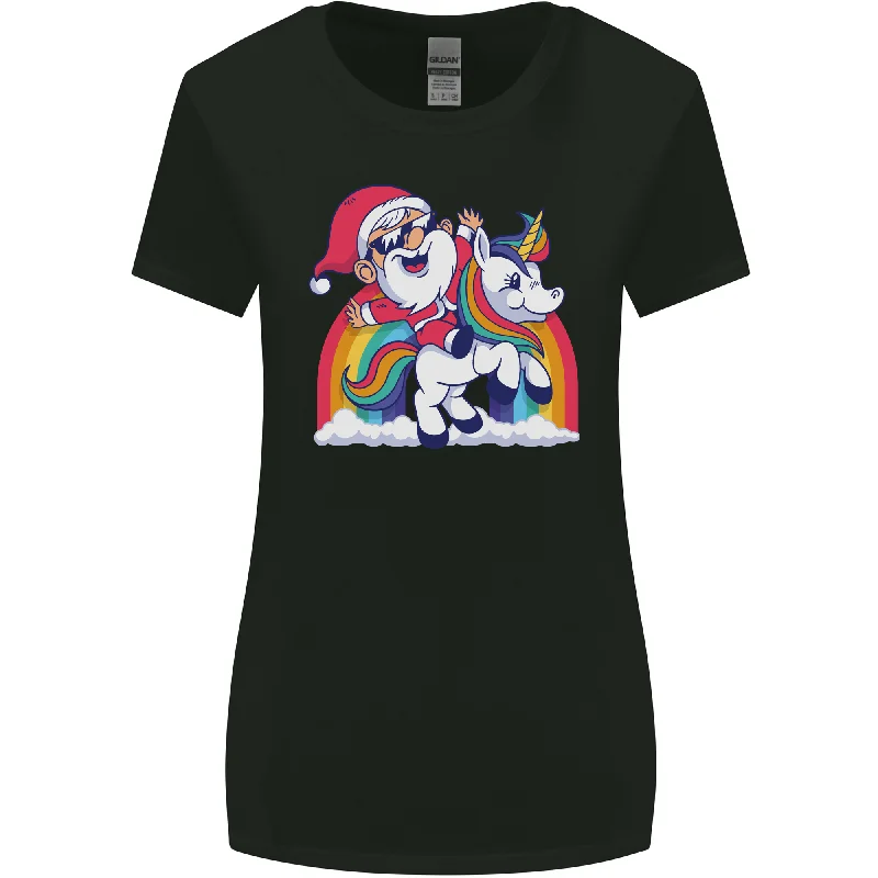 Christmas Santa Claus On a Unicorn Xmas Womens Wider Cut T-Shirt Striped Floral Plaid