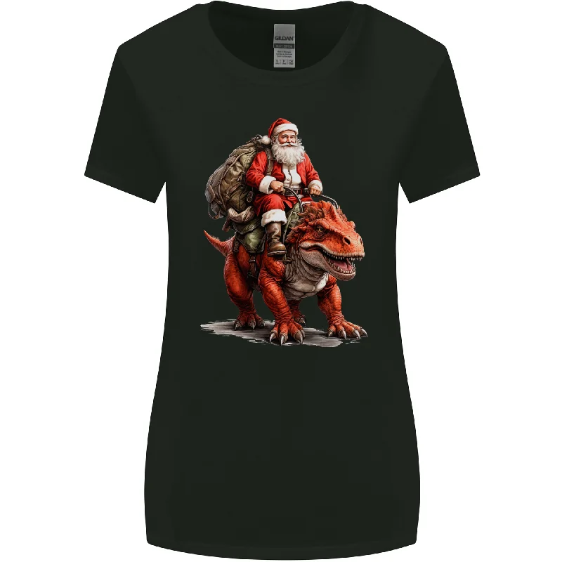 Christmas Santa Riding a Dinosaur Xmas Womens Wider Cut T-Shirt Hooded Caped Shawl Collar Christmas Santa Riding a Dinosaur Xmas Womens Wider Cut T-Shirt Hooded Caped Shawl Collar