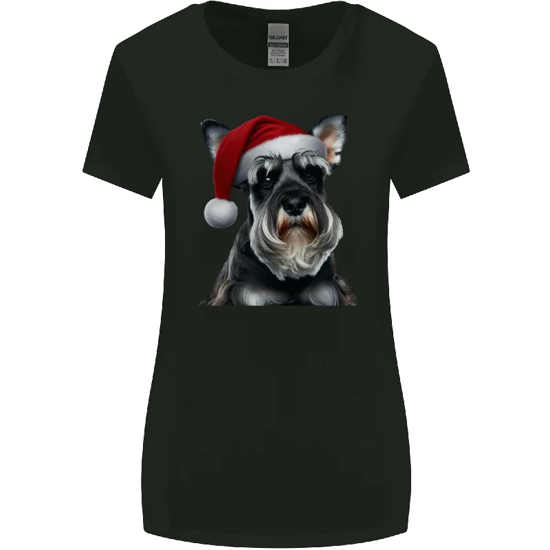 Christmas Schnauzer Dog Xmas Hat Womens Wider Cut T-Shirt Solid Print Embellished