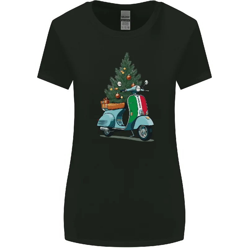 Christmas Scooter Xmas MOD Moped Womens Wider Cut T-Shirt Collared Crew Neck Turtle Neck