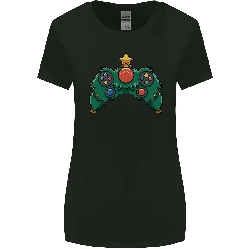 Christmas Tree Video Game Controller Joypad Xmas Womens Wider Cut T-Shirt Zippered Buttoned Snapped Christmas Tree Video Game Controller Joypad Xmas Womens Wider Cut T-Shirt Zippered Buttoned Snapped