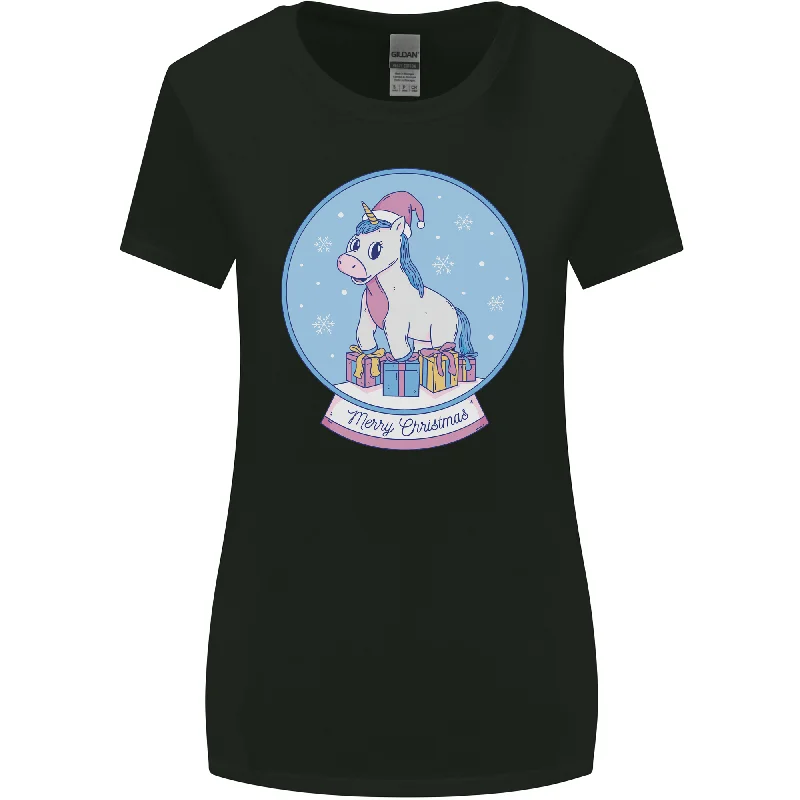 Christmas Unicorn Snow Globe Womens Wider Cut T-Shirt Polka Dot Checkered Tartan