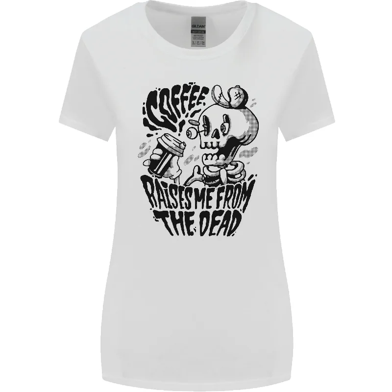 Coffee Raises Me from the Dead Skull Womens Wider Cut T-Shirt Asymmetrical Pockets Print