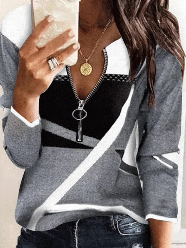 Long Sleeve V-Neck T-Shirt with Color Blocking Notch Collar Peter Pan Collar Cowl Neck Long Sleeve V-Neck T-Shirt with Color Blocking Notch Collar Peter Pan Collar Cowl Neck