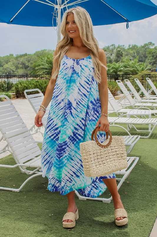 Beach Party Printed Maxi Dress - Blue Turquoise Comfortable Long-Sleeve Maxi Dress