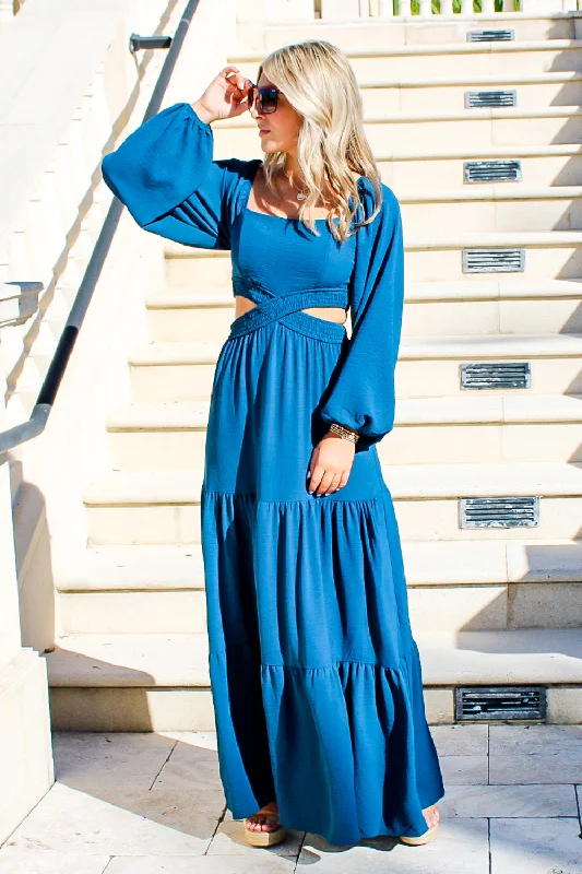 Cheer Me Up Tiered Maxi Dress - Teal Elegant Velvet Maxi Dress