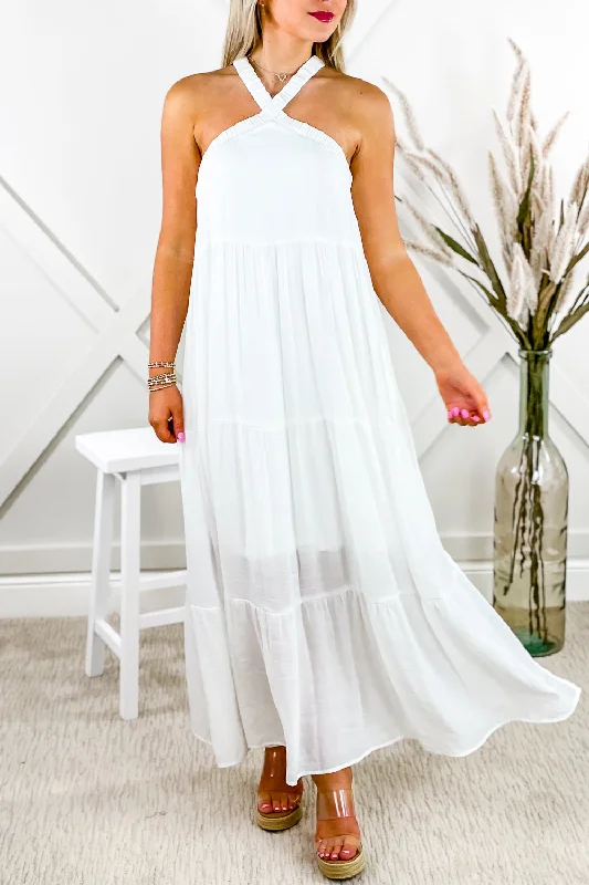 Feeling The Vibes Halter Maxi Dress - White Comfortable Plunging Neckline Maxi Dress Feeling The Vibes Halter Maxi Dress - White Comfortable Plunging Neckline Maxi Dress