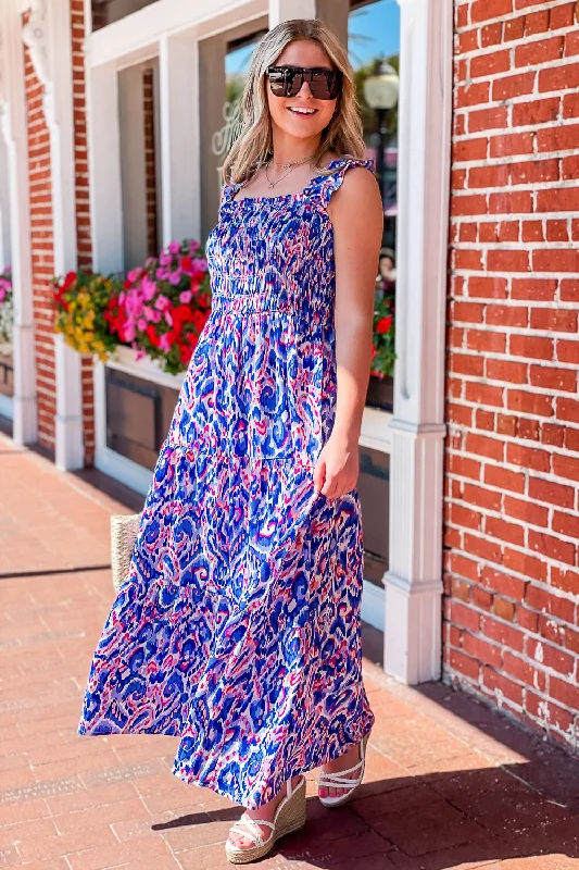 Colorful Delight Tiered Maxi Dress - Blue Multi Comfortable Ruffle Hem Maxi Dress