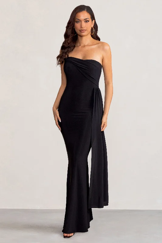 Aaliyah | Black Asymmetric Bardot Maxi Dress with Drape Elegant Maxi Dress with Belt Aaliyah | Black Asymmetric Bardot Maxi Dress with Drape Elegant Maxi Dress with Belt
