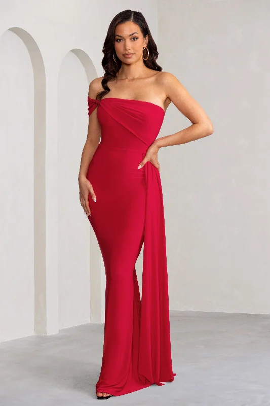 Aaliyah | Red Asymmetric Bardot Maxi Dress with Drape Fashionable Off-Shoulder Maxi Dress Aaliyah | Red Asymmetric Bardot Maxi Dress with Drape Fashionable Off-Shoulder Maxi Dress