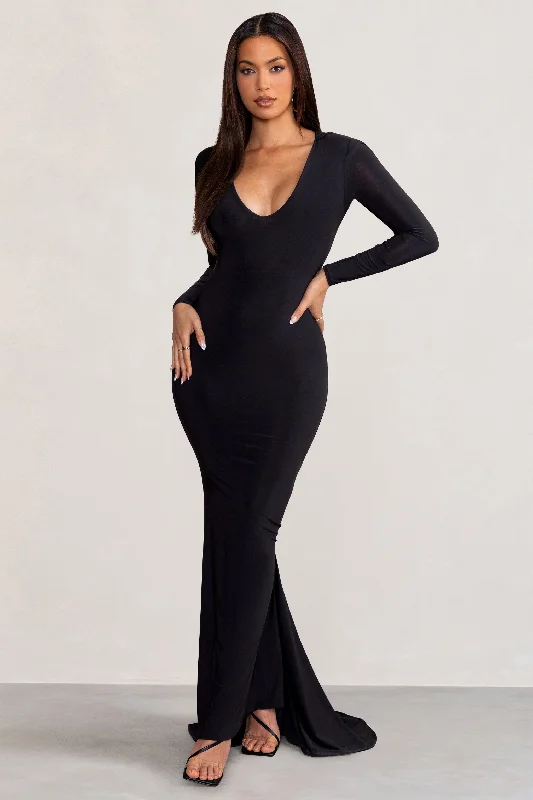 Adore | Black Long Sleeve Plunge Maxi Dress with Hood Trendy V-Neck Maxi Dress