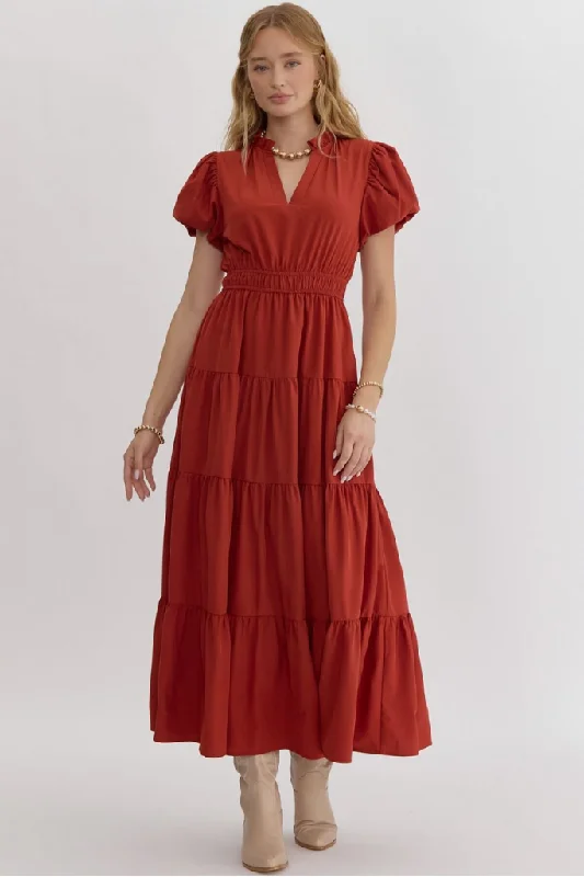 Autumn Stoll Tiered Maxi Dress in Brick Cozy Open-Back Maxi Dress