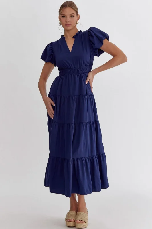 Autumn Stoll Tiered Maxi Dress in Navy Stylish Empire Waist Maxi Dress
