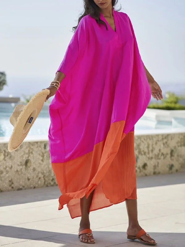 Zjkrl - Beach Loose Contrast Color Split-Joint V-Neck Maxi Dresses Comfortable Bohemian Maxi Dress Zjkrl - Beach Loose Contrast Color Split-Joint V-Neck Maxi Dresses Comfortable Bohemian Maxi Dress