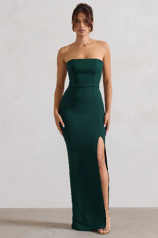 Belle of The Ball | Bottle Green Bandeau Maxi Dress With Split Hem Trendy Maxi Dress with Lace Belle of The Ball | Bottle Green Bandeau Maxi Dress With Split Hem Trendy Maxi Dress with Lace