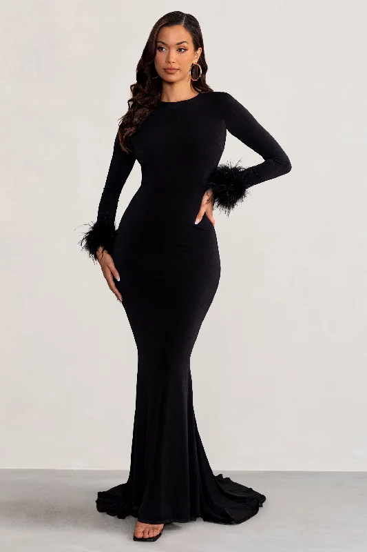 Betty | Black High Neck Long Sleeve Maxi Dress with Feather Cuffs Comfortable Casual Maxi Dress Betty | Black High Neck Long Sleeve Maxi Dress with Feather Cuffs Comfortable Casual Maxi Dress