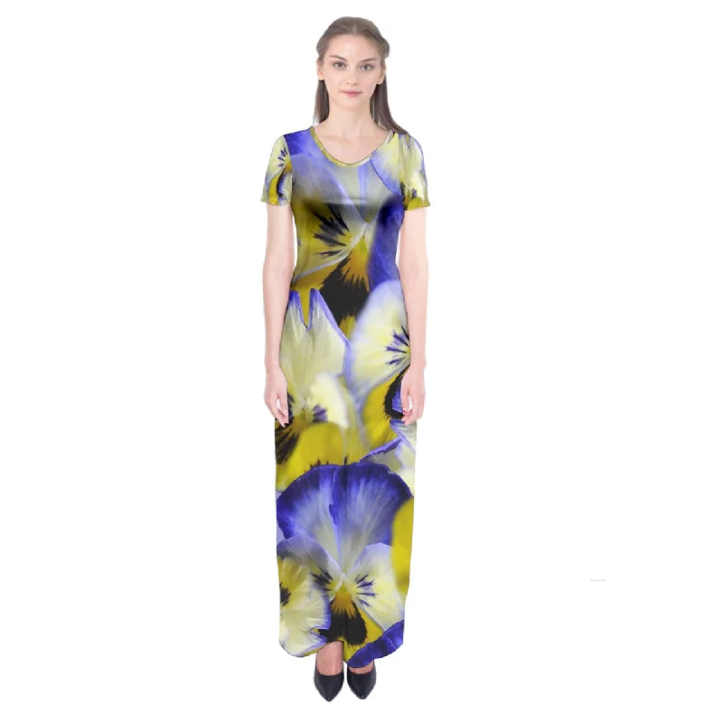 Blue and Yellow Pansies Short Sleeve Maxi Dress Stylish Long Sleeve Maxi Dress