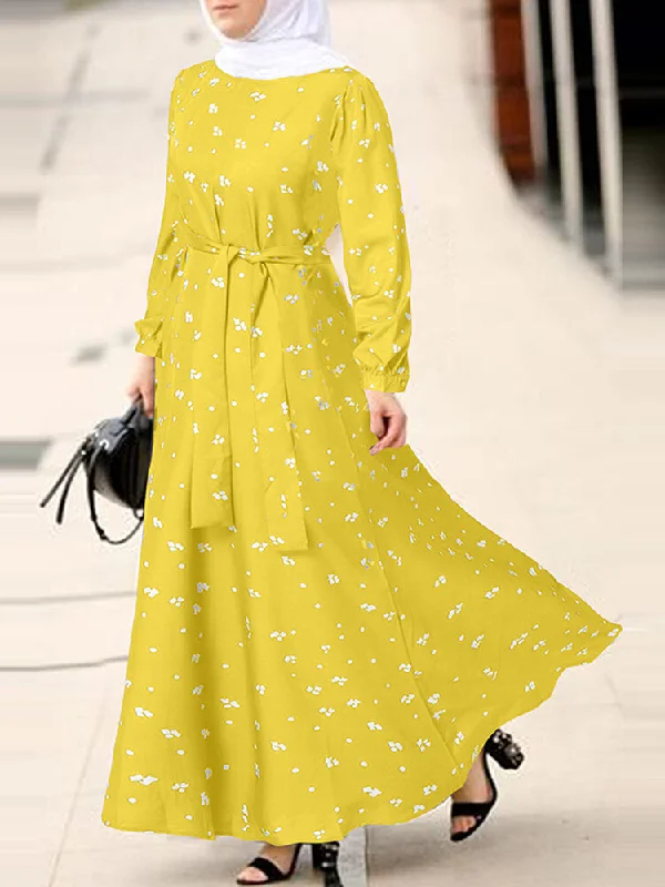 Bohemian Floral Print O-neck Lace Up Long Sleeve Button Belted Women Maxi Dress Fashionable Sheer Maxi Dress Bohemian Floral Print O-neck Lace Up Long Sleeve Button Belted Women Maxi Dress Fashionable Sheer Maxi Dress