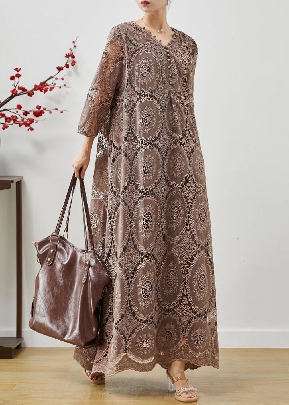 Boutique Brown Oversized Hollow Out Lace Maxi Dresses Summer Trendy Printed Maxi Dress