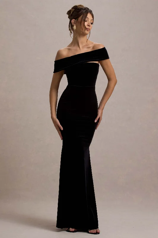 Candela | Black Velvet Asymmetric Bardot Maxi Dress Trendy Maxi Dress with Straps