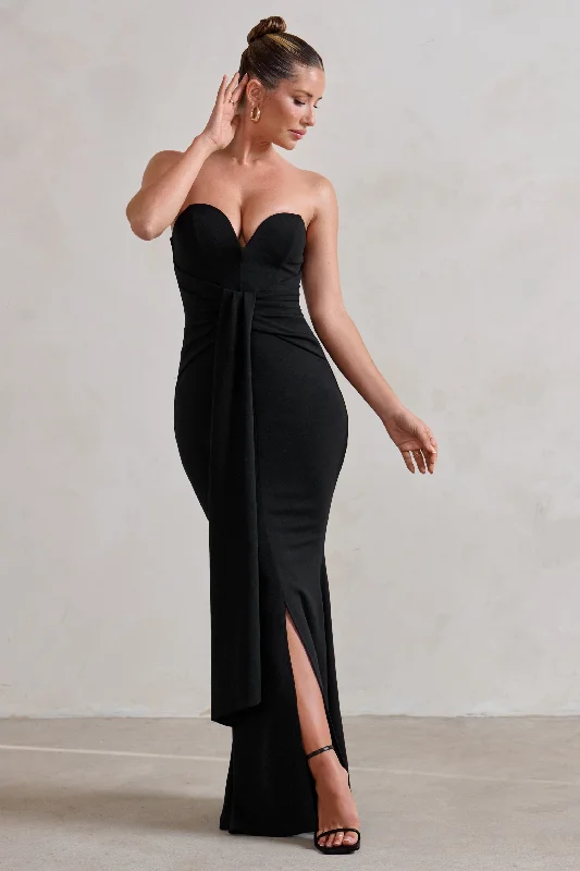 Carrie | Black Sweetheart Neckline Maxi Dress With Statement Tie Cozy Ribbed Maxi Dress