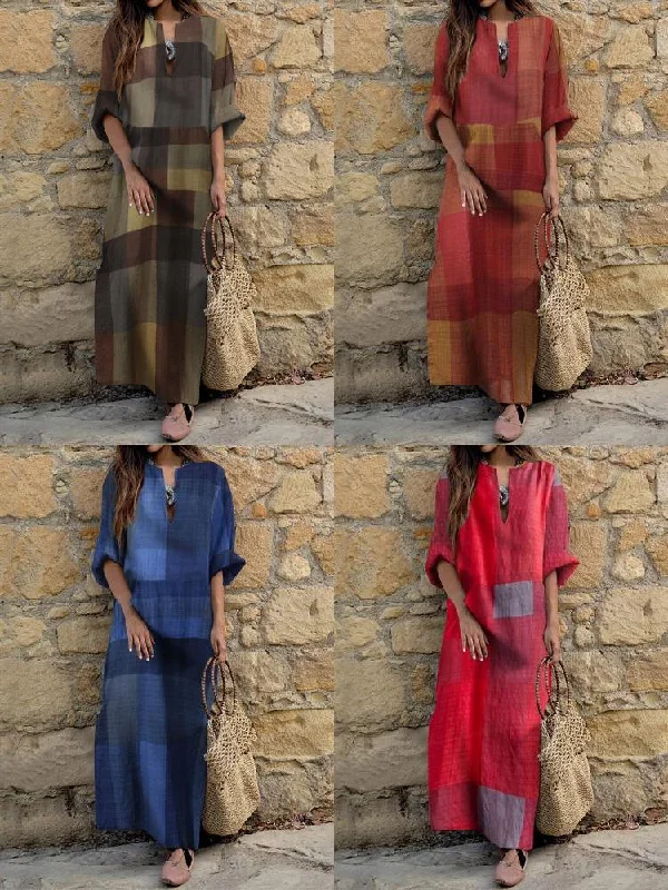 Casual Plaid Notch Neck Long Sleeve Vintage Pocket Women Maxi Dress Classic Black Maxi Dress Casual Plaid Notch Neck Long Sleeve Vintage Pocket Women Maxi Dress Classic Black Maxi Dress