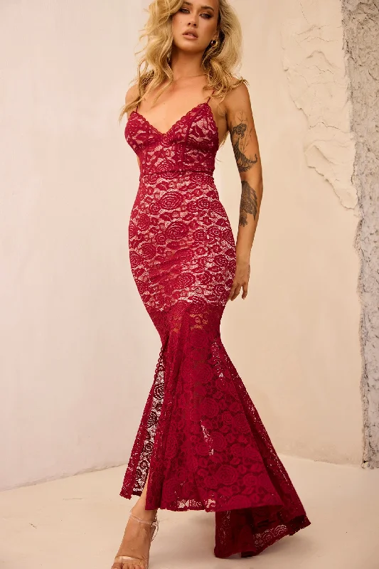 City of Angels Lace Maxi Dress - Plum Elegant Lace-Up Maxi Dress