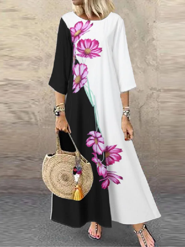 Contrast Color Floral Print O-neck Casual 3/4 Sleeve Women Maxi Dress Elegant Lace Maxi Dress Contrast Color Floral Print O-neck Casual 3/4 Sleeve Women Maxi Dress Elegant Lace Maxi Dress
