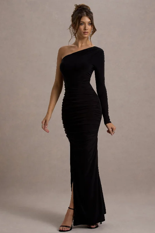 Doll | Black Asymmetric One Sleeve Ruched Maxi Dress Trendy Short Sleeve Maxi Dress