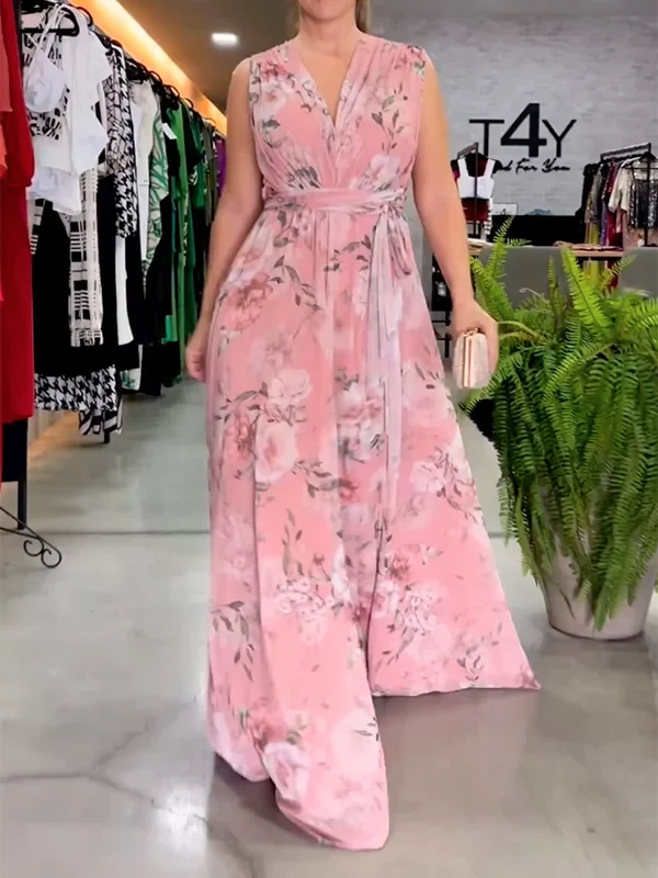Zjkrl - Elegant Empire Bandage Floral Printed V-Back Maxi Dresses Fashionable Sleeveless Maxi Dress Zjkrl - Elegant Empire Bandage Floral Printed V-Back Maxi Dresses Fashionable Sleeveless Maxi Dress