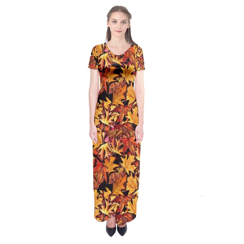 Fall Leaves Pattern Short Sleeve Maxi Dress Trendy Ruffled Maxi Dress
