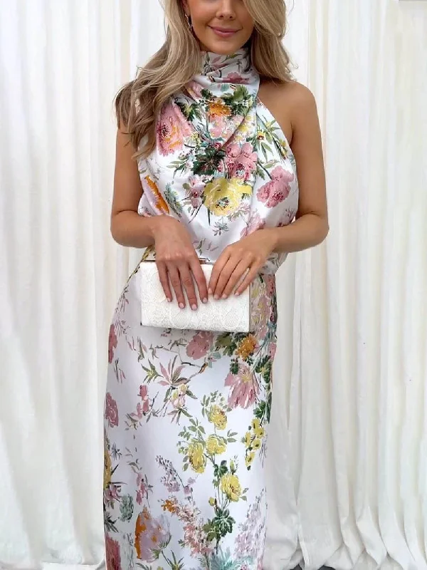 Floral Halter Neck Charming Elastic Waist Maxi Dress Fashionable Printed Maxi Dress