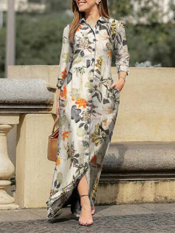 Floral Leaves Print Lapel Button Long Sleeve Daily Casual Women Maxi Dress Fashionable Printed Maxi Dress Floral Leaves Print Lapel Button Long Sleeve Daily Casual Women Maxi Dress Fashionable Printed Maxi Dress