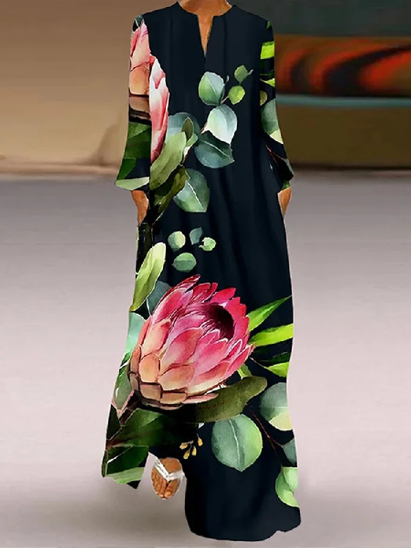 Maxi Dress Girl V-neck Floral Printed Retro Loose Women Maxi Dress Cozy Knitted Maxi Dress Maxi Dress Girl V-neck Floral Printed Retro Loose Women Maxi Dress Cozy Knitted Maxi Dress