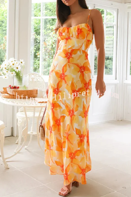 Debbie Floral Print Gathered Open Back Strappy Maxi Dress Comfortable Ruffle Maxi Dress