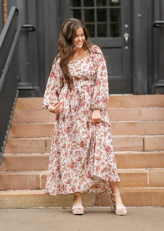 Floral Print Square Neck Maxi Dress Comfortable Maxi Dress with Sleeves