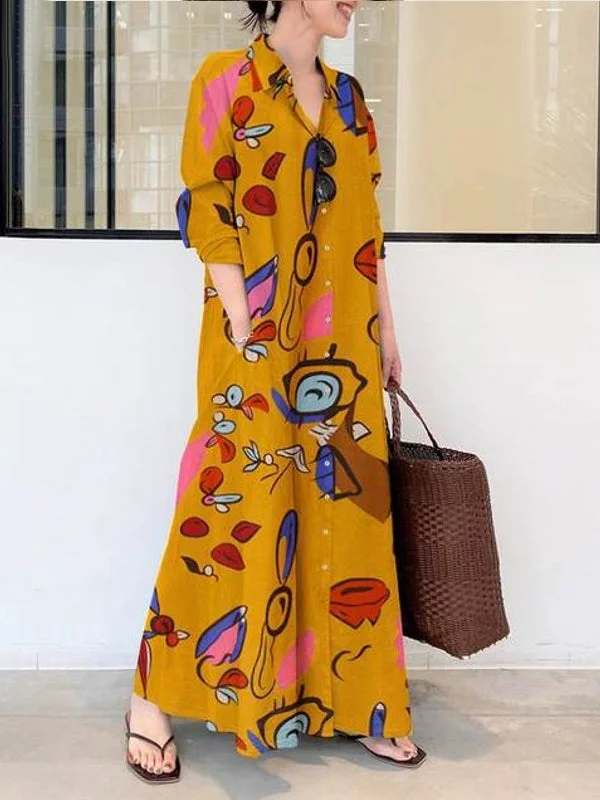 Floral Printed Lapel Collar Long Sleeve Button Split Hem Maxi Shirt Pocket Women Maxi Dress Comfortable Satin Maxi Dress