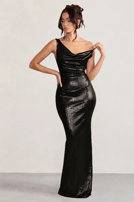 Galaxy Shimmer | Black Bias Cut Cowl Front Maxi Dress Fashionable High-Waist Maxi Dress Galaxy Shimmer | Black Bias Cut Cowl Front Maxi Dress Fashionable High-Waist Maxi Dress