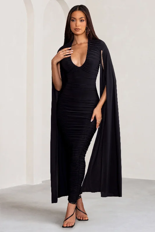 Georgiana | Black Plunge Ruched Maxi Dress with Cape Sleeves Classic A-Line Maxi Dress Georgiana | Black Plunge Ruched Maxi Dress with Cape Sleeves Classic A-Line Maxi Dress