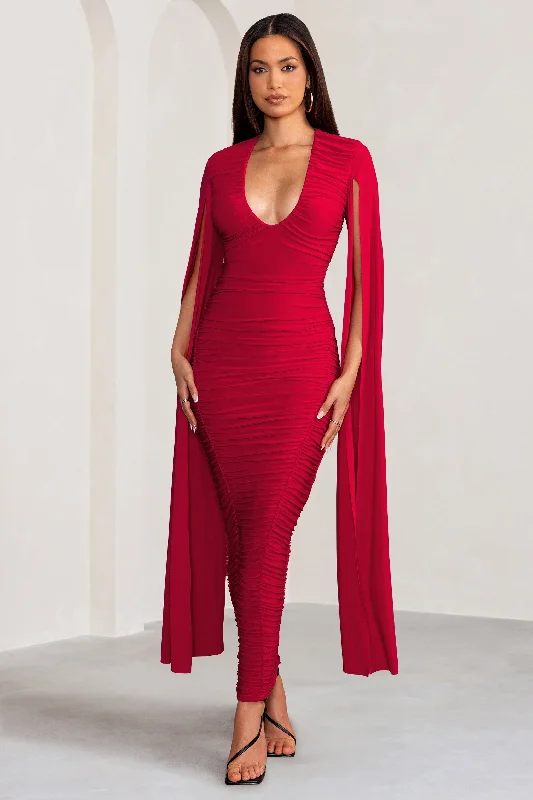Georgiana | Red Plunge Ruched Maxi Dress with Cape Sleeves Chic Summer Floral Maxi Dress Georgiana | Red Plunge Ruched Maxi Dress with Cape Sleeves Chic Summer Floral Maxi Dress
